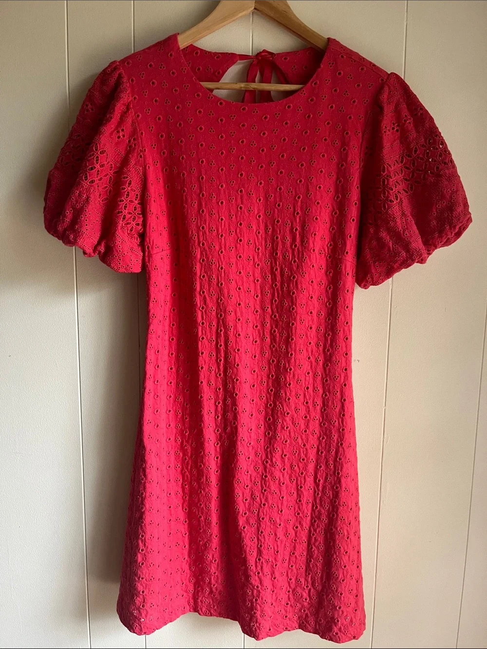 Free People Apricot Rose Watermelon Spritz Eyelet Puff-Sleeve Mini Dress Sz M